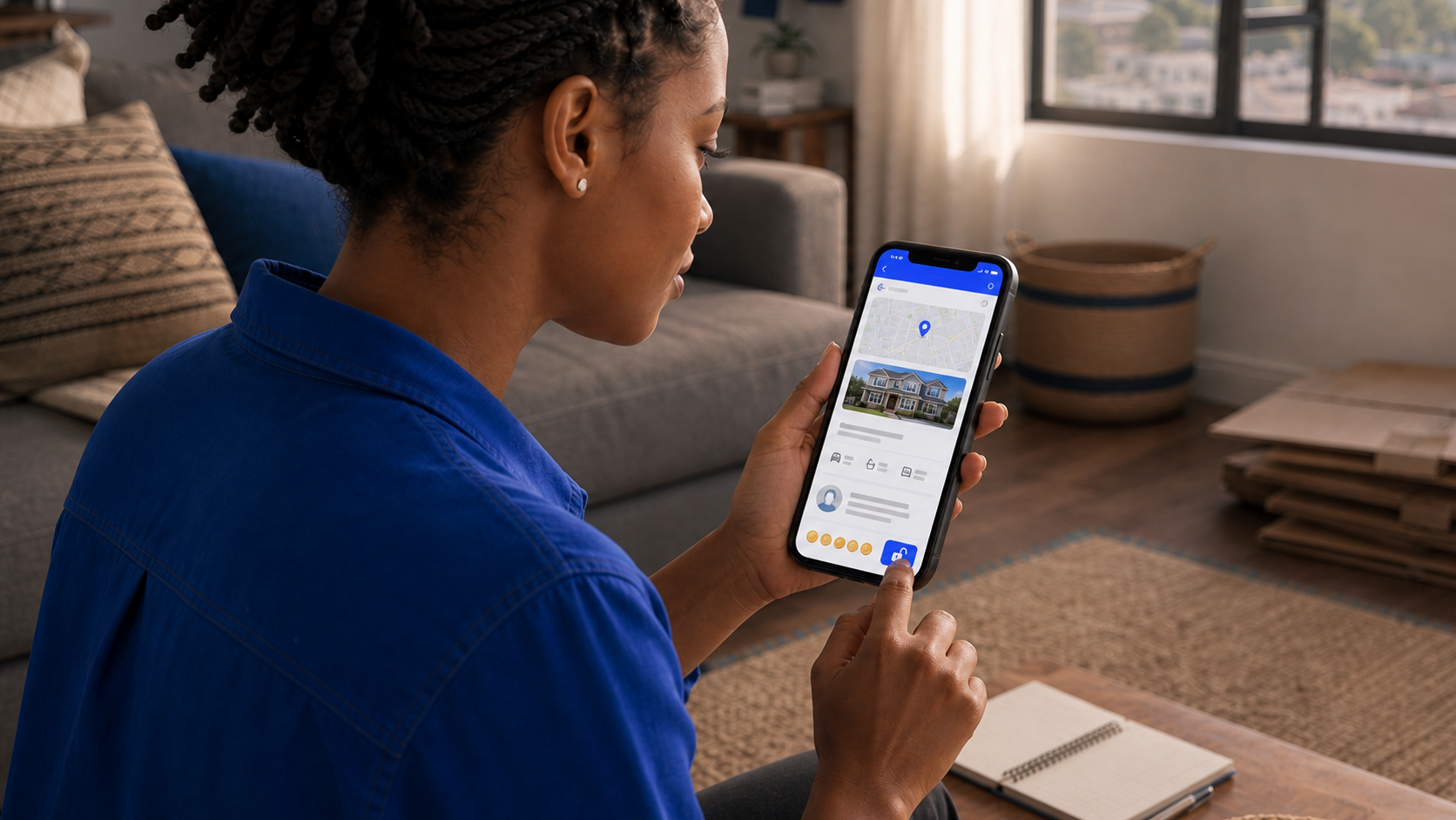 A close phone view showing a tenant unlocking protected rental listing details.