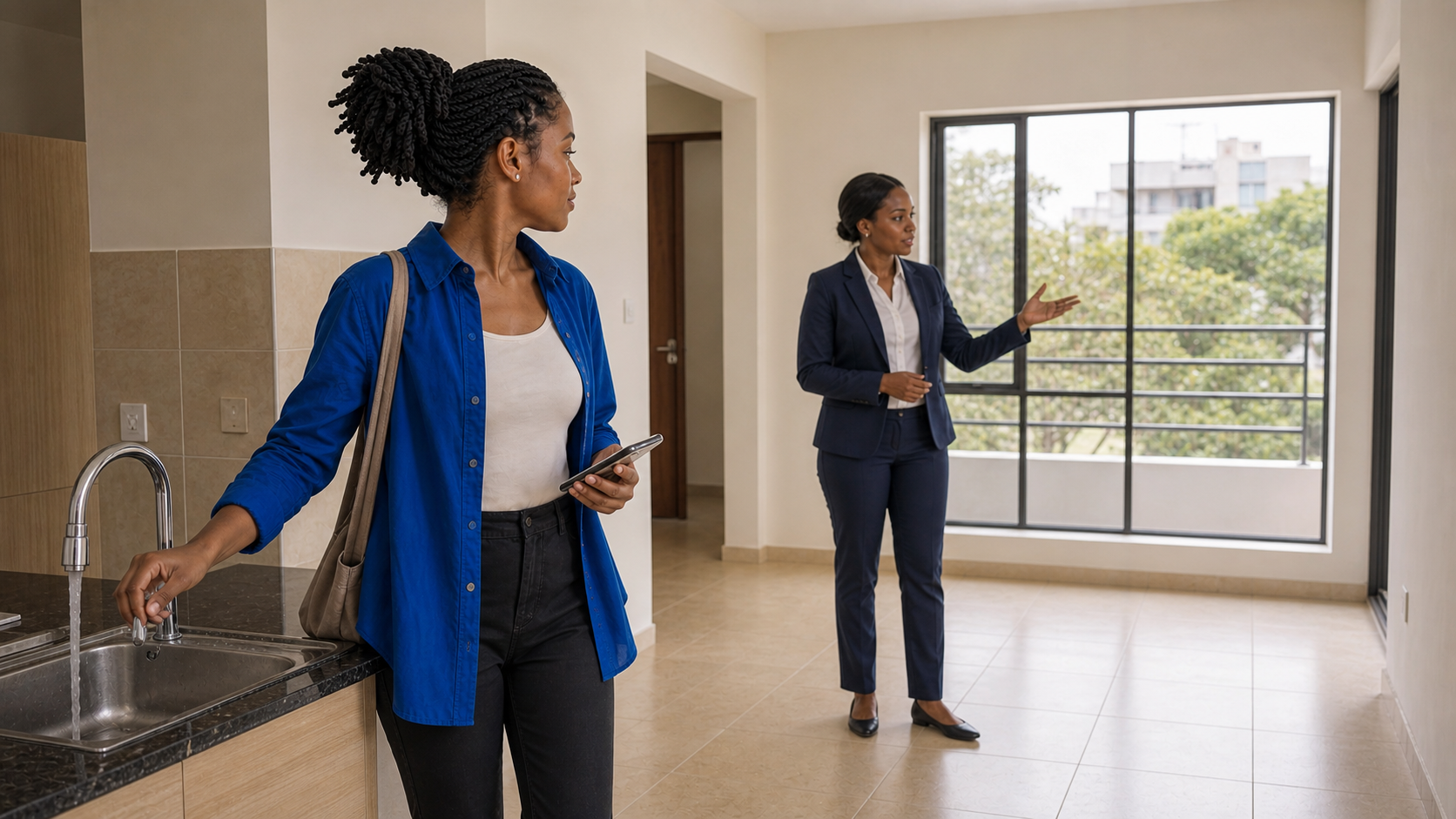 The tenant inspecting a bright apartment with a property representative.